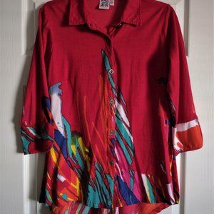 Parsley & Sage~Red Artsy Color Splash~High/Low Hem~Collar~Button Front~Ladies S